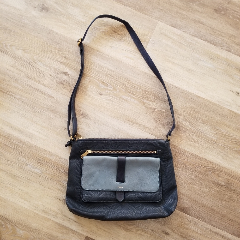 Fossil Blue and Gray Crossbody Bag with Gold Details